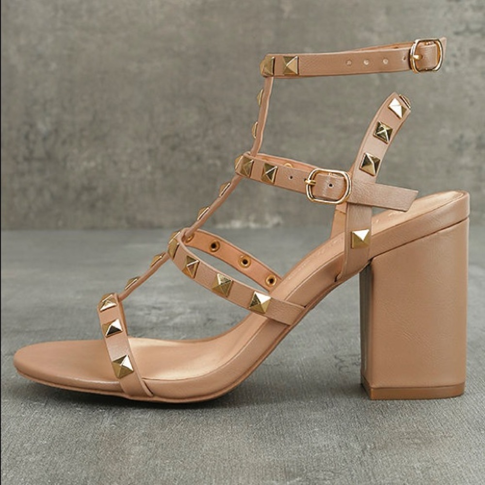Phedra Natural Studded Ankle Strap Heels